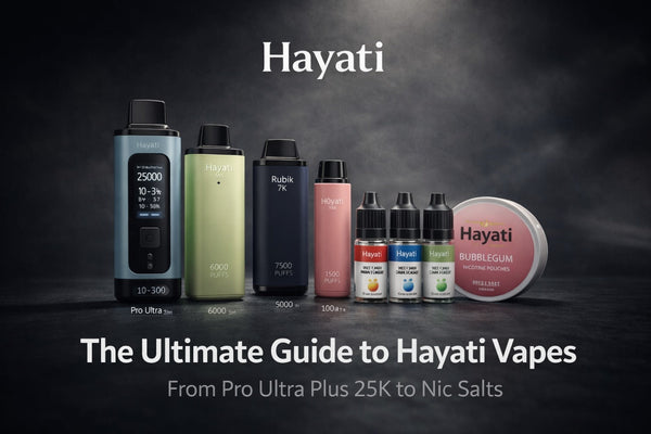 Premium editorial hero image showing a full Hayati vape lineup including Pro Ultra Plus 25K, Pro Max+ 6000, Rubik 7K, Mini Ultra, nic salt bottles, and Bubblegum nicotine pouches, against a dark textured background with the Hayati logo above.