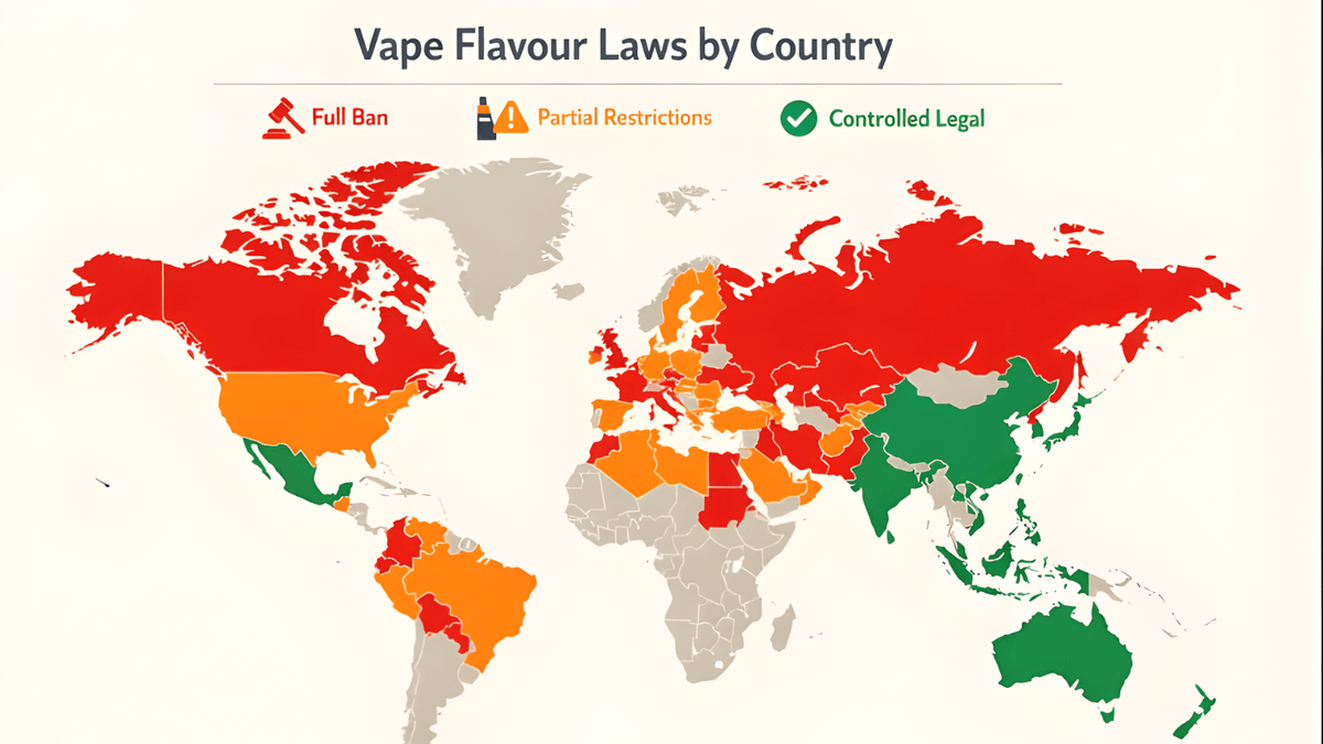 World map infographic showing global vape flavour laws by country in 2025. Color-coded regions indicate full bans, partial restrictions, and controlled legal sales. Includes icons for vape, law, and warnings.