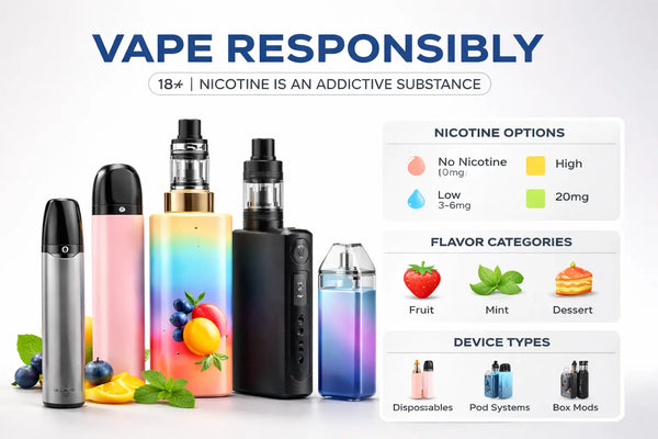 Informational vape infographic showing disposable, pod system and box mod devices with nicotine strengths, flavor categories, and a warning that nicotine is addictive for adults 18+.