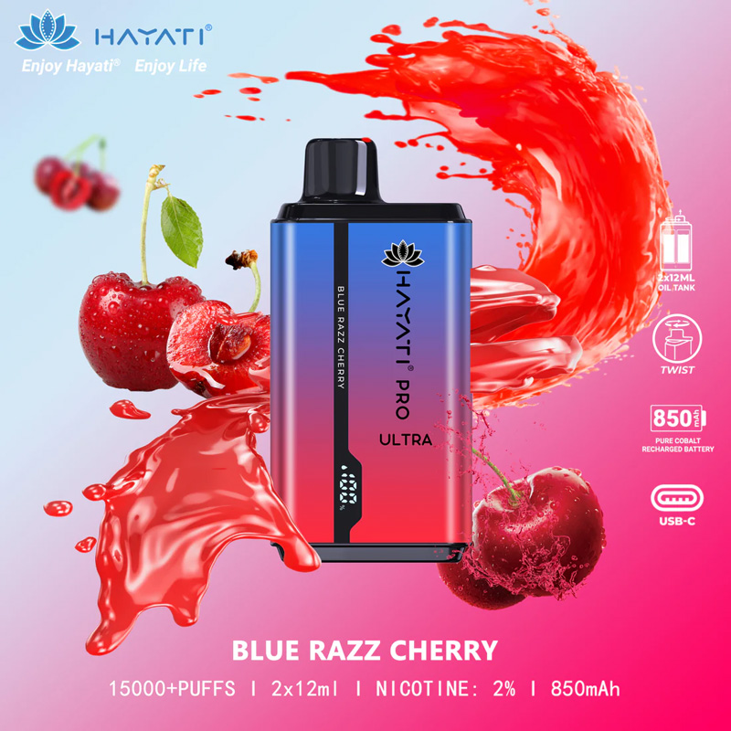 Hayati Pro Ultra 15000+ disposable vape device in Blue Razz Cherry flavour